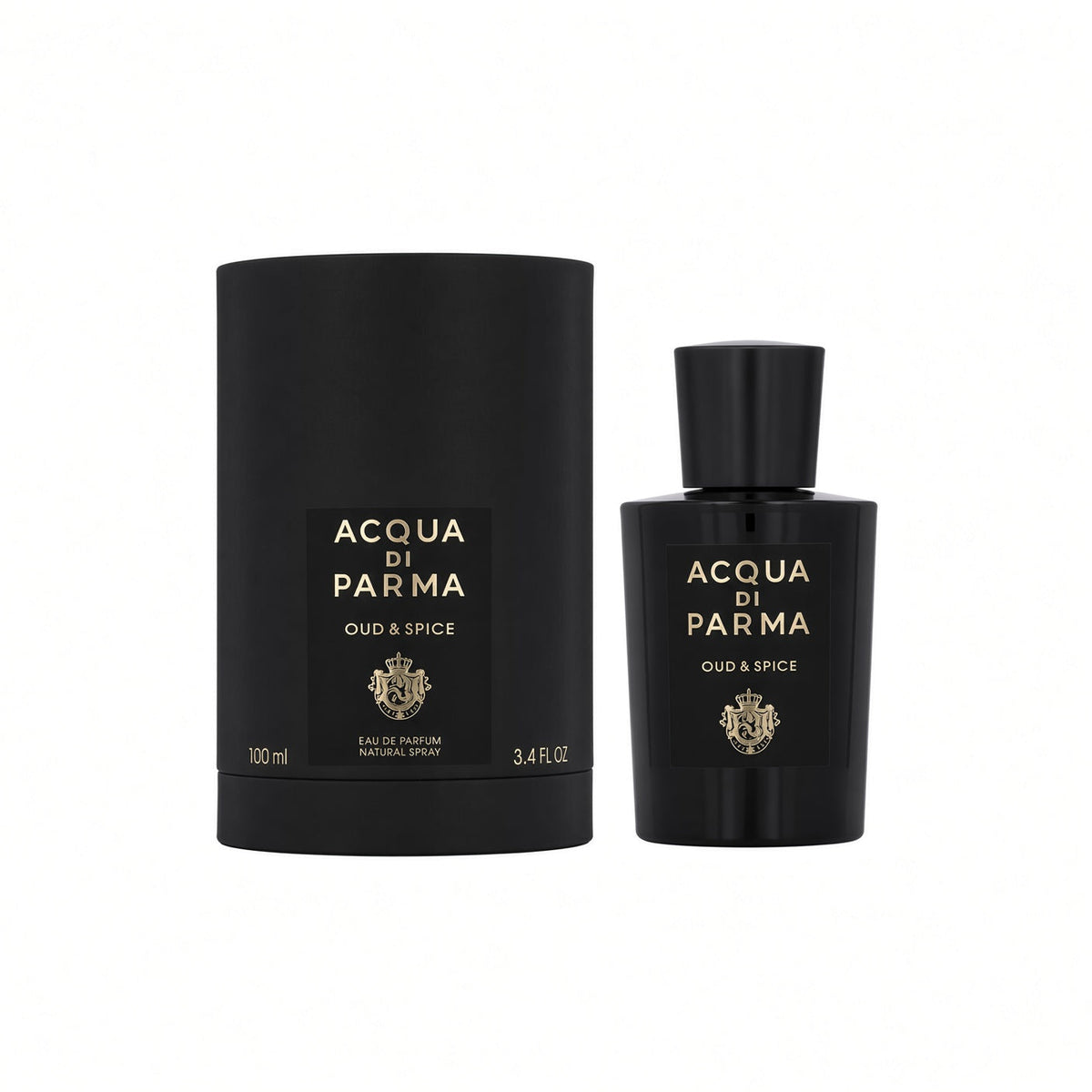 Acqua di Parma Oud & Spice eau de parfum shown with a black cylindrical box and a matching black bottle, both featuring gold lettering and a crest logo, on a plain white background.
