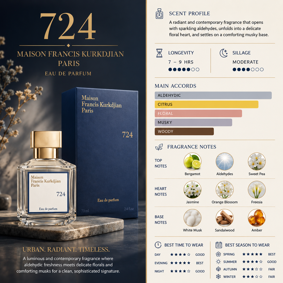 Maison Francis Kurkdjian Paris 724 Eau de Parfum bottle and its dark blue box on a dark textured surface, alongside a detailed scent profile infographic on a light beige background.