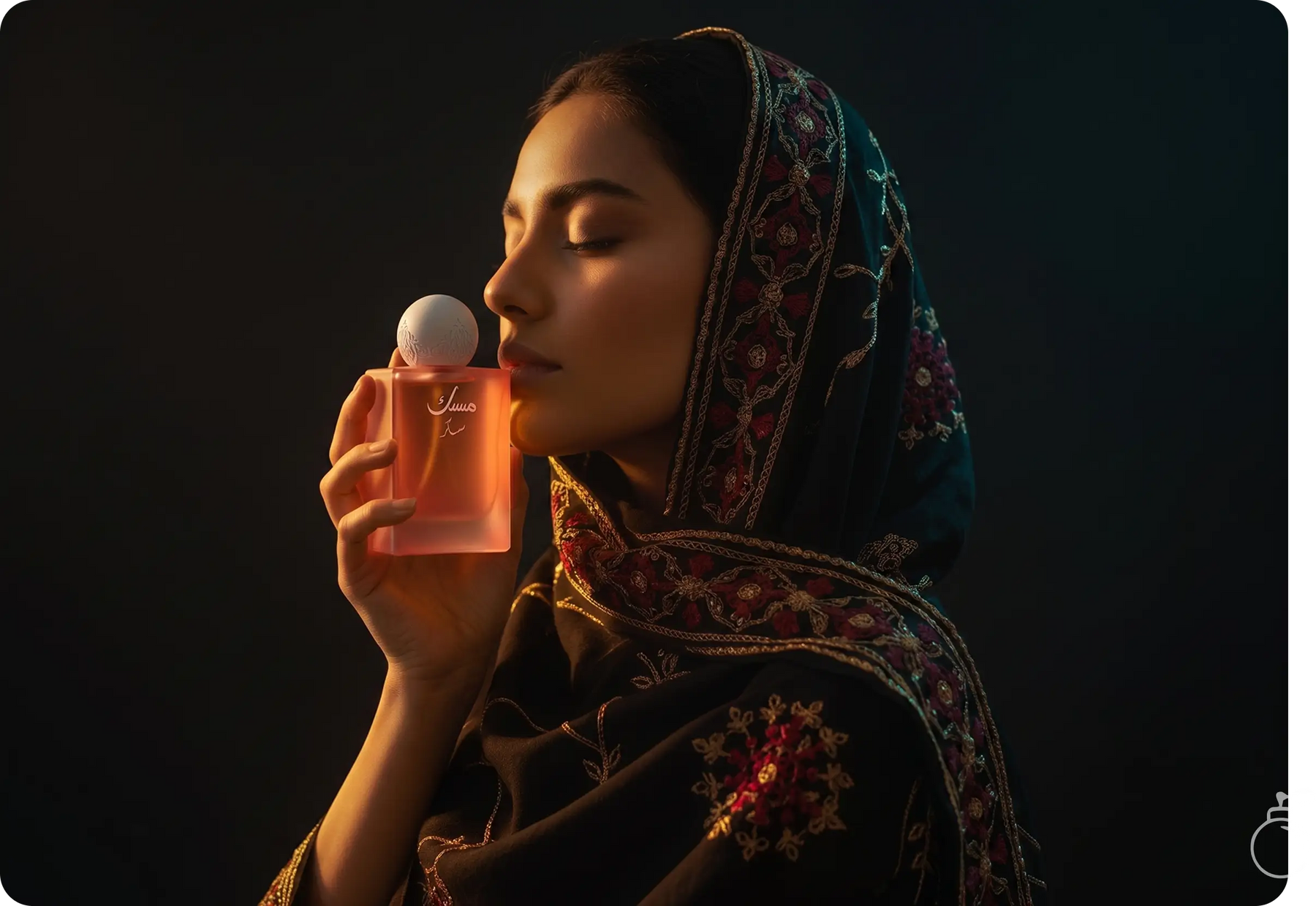 Woman smelling a perfume bottle