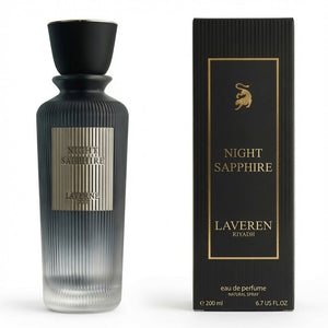 Laveren Night Sapphire perfume bottle and packaging on a white background